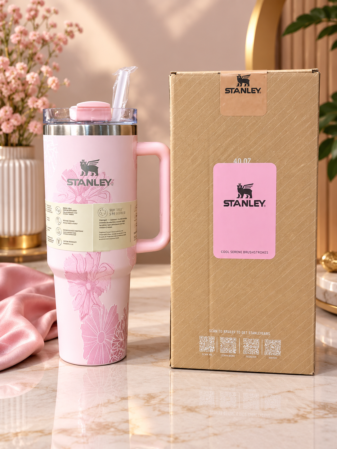 Stanley Style 40oz (1200ml) Pink Floral Tumbler