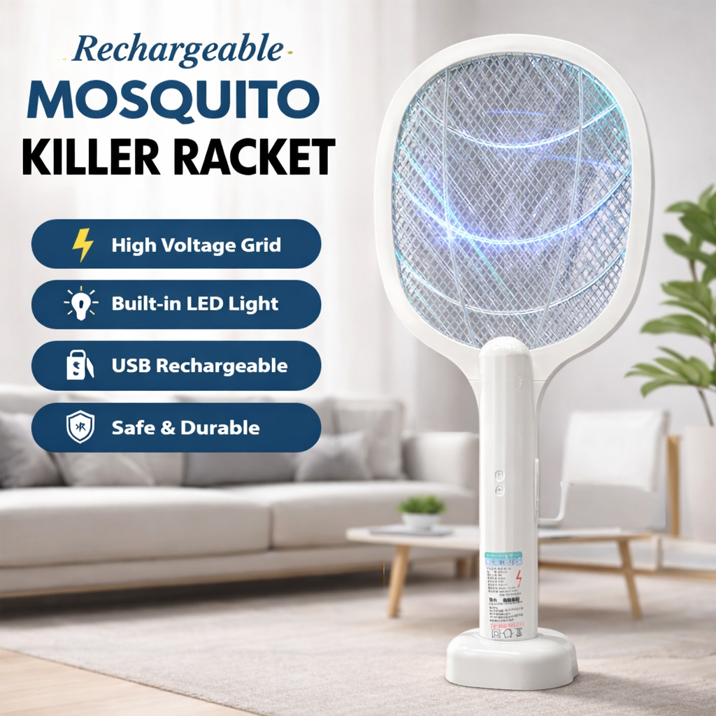 USB Rechargeable Mosquito Racket With Stand – Electric Insect Killer Bat For Indoor And Outdoor Use | Insects Killer | Mosquito Killer Racket (Random Color)